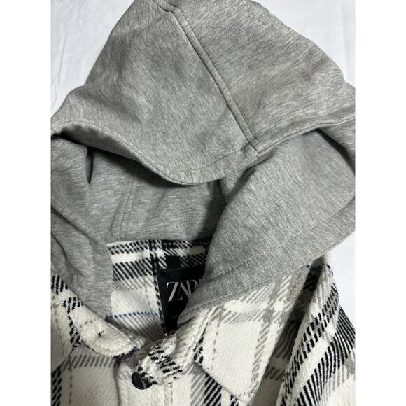 Zara Men's Plaid Shacket Button Up Hooded Shirt Jacket Cream Gray Black size L - Picture 10 of 12